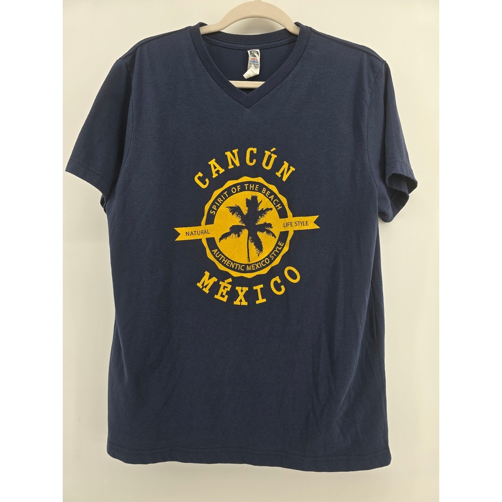 Cancun Mexico Spirit of the Beach V-Neck Graphic T-Shirt Navy Blue Large